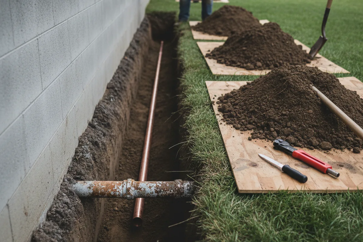 Excavated water line trench during Water Softener Installation in Carver